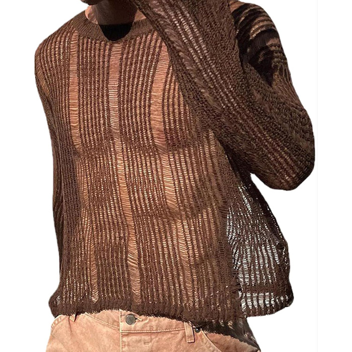 Чоловіча прозора сорочка AIEOE: мереживна сорочка з довгим рукавом для клубу, колір: коричневий