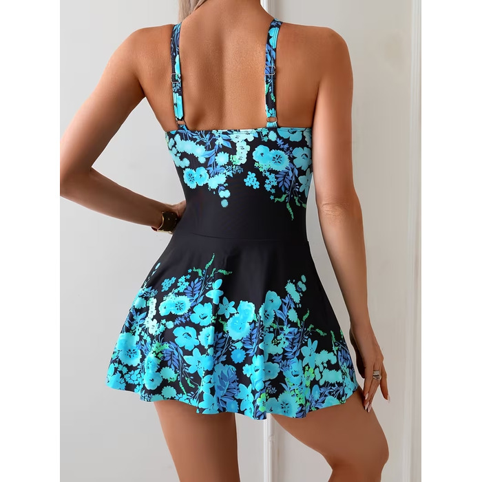 Коригуючий купальник-сукня Plus Size, чорний у квітку, розмір XL (42)