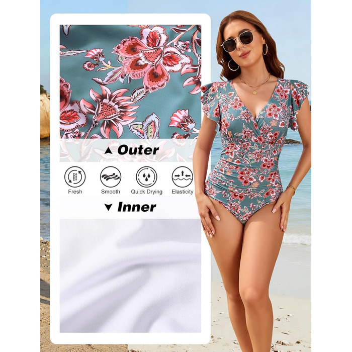 Жіночий купальник Yuson Girl з рюшами, V-подібний виріз, корегуючий, push-up, монокіні, з банджі, висока талія, для жінок (квітковий принт, XL)