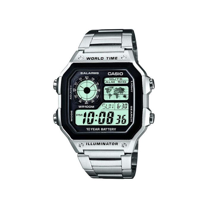 Чоловічий цифровий годинник Casio AE-1200WH-1AVEF зі сталевим ремінцем, водонепроникний, чорно-сріблястий
