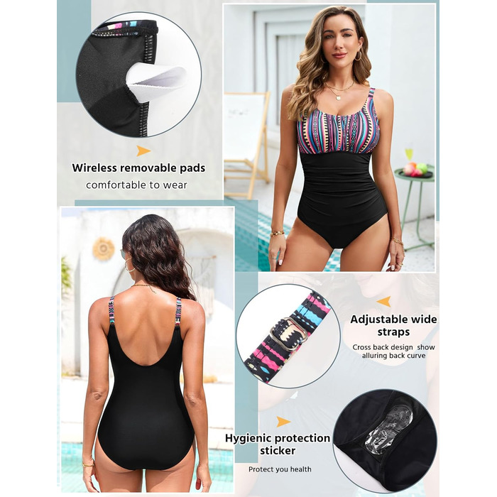 Купальник Vancavoo з пуш-ап, корегуючий, без спинки, з рюшами, пляжний, суцільний (M, Богема + Чорний)