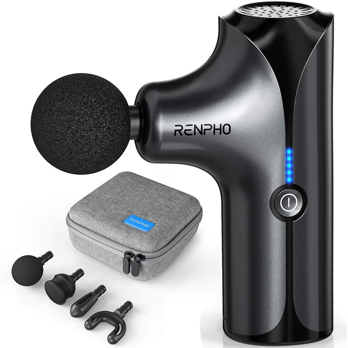 Міні-перкусійний масажер RENPHO Massage Gun для глибокого масажу м'язів, 5 режимів, 4 насадки, портативний ручний масажер, чорний