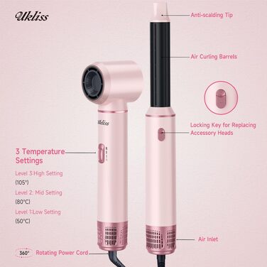 Мультистайлер для волосся 5 в 1 UKLISS Airstyler: фен, вирівнювач, круглі щітки та локони, чорний/рожевий