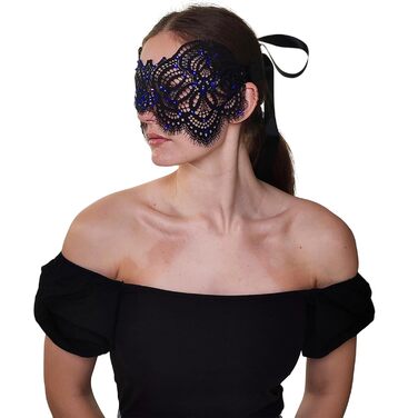 Чорна маска з мереживом та блакитними стразами для жінок - венеціанська маска для маскараду, карнавалу, Хелловіну, вечірки, Фашінгу, костюмного балу, ручної роботи, елегантна маска для очей чорного кольору (з блакитними стразами)