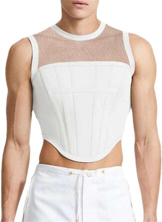 Чоловічі майки-топи з нашивками, стиль Streetwear, прозорі жилетки, сексуальний образ для вечірок та клубів, кроп-топи (XL, білий/Оксамитовий сад)