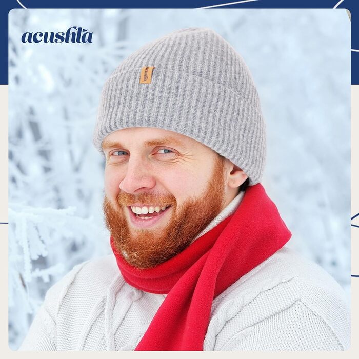Зимова шапка біні ACUSHLA oversize з 100% мериносової вовни, унісекс (M-L, світло-сіра)