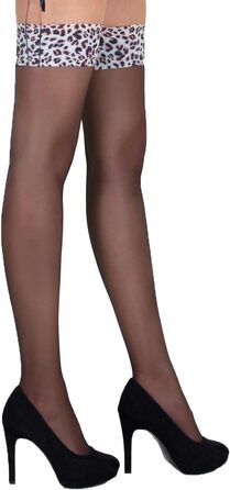 Чорні мереживні панчохи для жінок з леопардовим краєм та силіконовою стрічкою, 20 den, T3/4