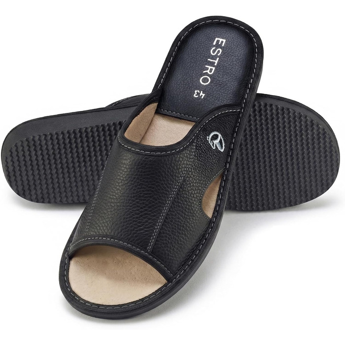 Чоловічі шкіряні домашні капці ESTRO Slipper — легкі пантолети для дому, чорні, розмір 43 EU