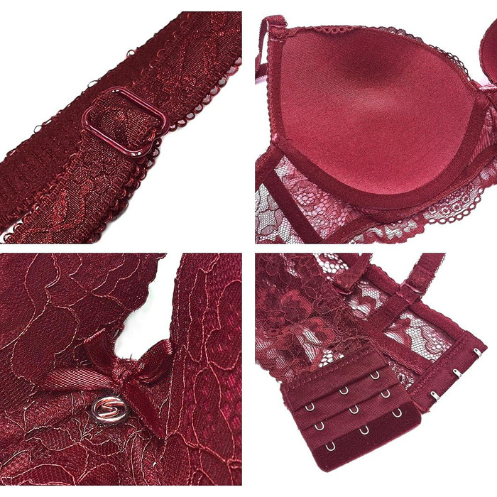 SHEKINI Комплект нижньої білизни: бюстгальтер та труси (сліп/танга) з мереживом, знімні бретелі, push-up, кісточки, червоний, 80B