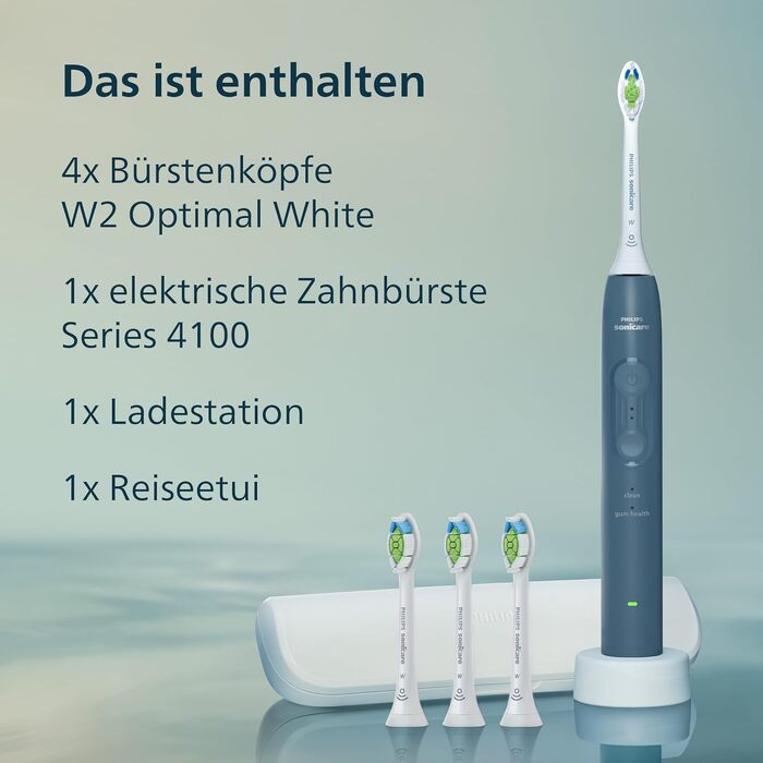 Електрична сонічна зубна щітка Philips Sonicare 4100 (HX3683/33) темно-синя, з 4 насадками W2 Optimal White, дорожнім кейсом та USB-зарядним пристроєм