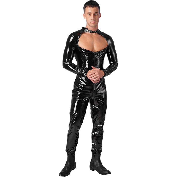 Костюм-комбінезон TiaoBug з довгим рукавом та штанами, еластичний, з ефектом мокрого блиску, з сіткою, XL, чорний