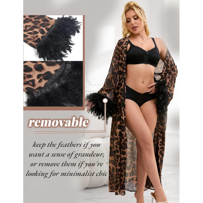 Халат жіночий сексуальний з леопардовим принтом, з пір'ям та мереживом, довгий, великі розміри, для дому, нічна сорочка, бандаж, нічна сукня, халат з поясом, XXL