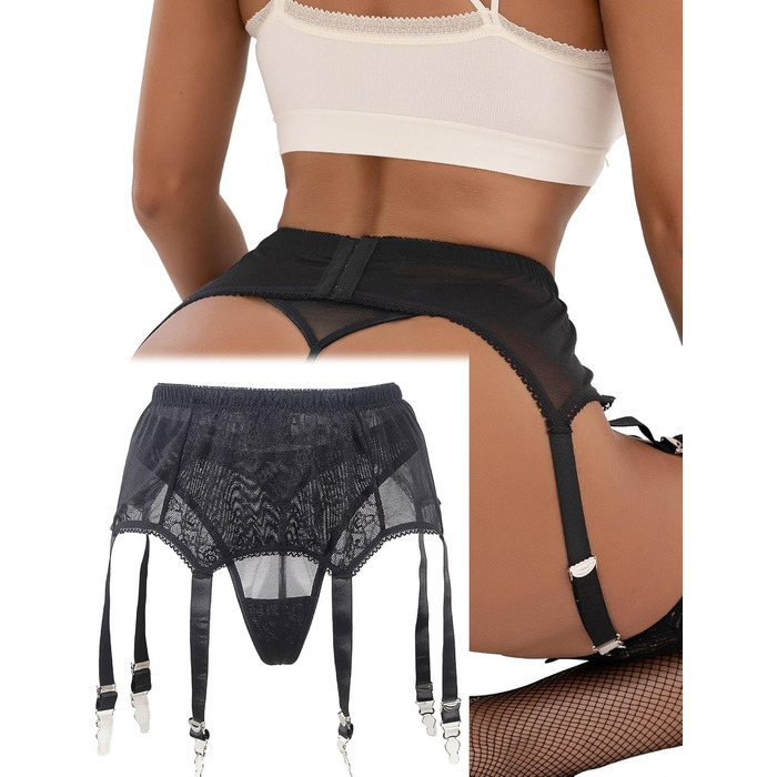 Чорний корсет-стрінг з мереживом великих розмірів з 6 бретелями та металевими кліпсами для панчіх, великий розмір, для жінок