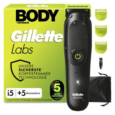 Тример для тіла та інтимних зон Gillette Labs i5 Body + Intimate, чорно-зелений, з технологією SkinFirst, водонепроникний, з тримачем для душу та 5 аксесуарами