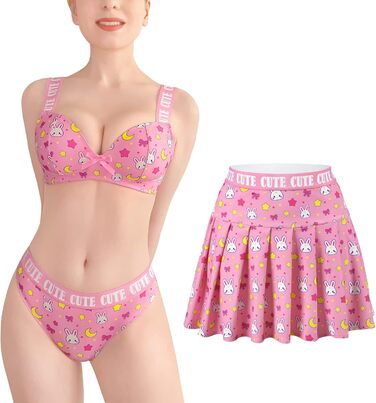 Комплект білизни LittleForBig: міні-спідниця з високою талією, бра та трусики, 3 шт. Розміри plus size, спортивний бра, рожевий, 3XL