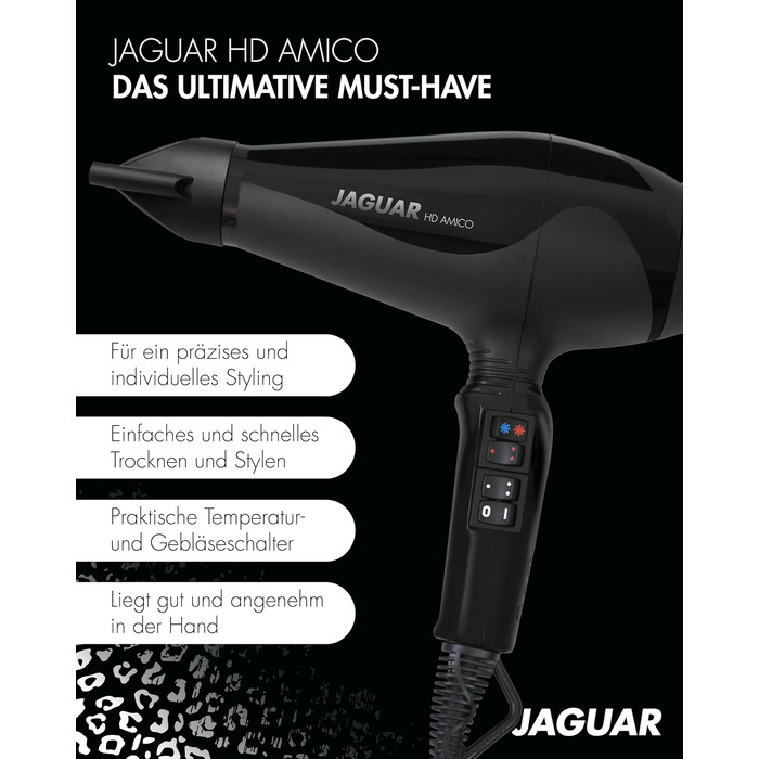 Професійний фен для волосся JAGUAR HD AMICO, 3 температурні та 2 швидкісні режими, кнопка холодного обдуву, кабель 2.8м, Made in Italy