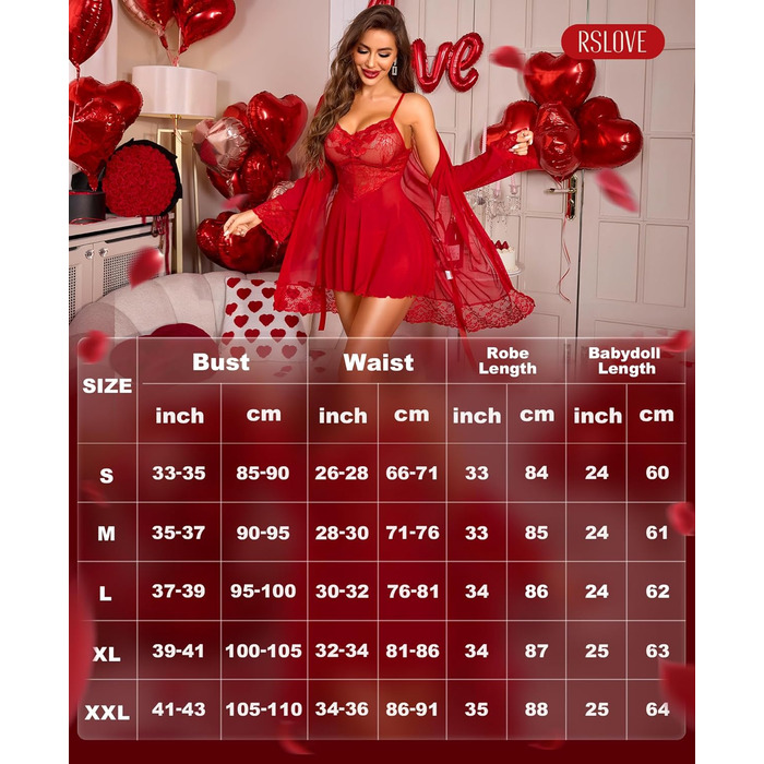 Комплект ніжної піжами RLOVE для жінок: кімоно, бюстгальтер та нічна сорочка (3 частини), чорний (L, Червоний)