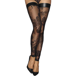 Чорні мереживні панчохи з квітковою вишивкою Noir Handmade, еластичні, XXL, матовий ефект wetlook