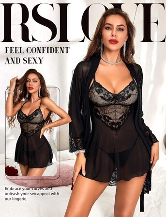 Комплект спідньої білизни RSLOVE: мереживний кімоно, бюстгальтер та труси (3 частини), чорний